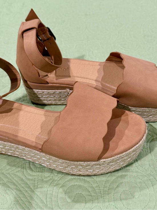 BAMBOO Shoes - BAMBOO Scalloped Tan Espadrille Wedge Sandals with Ankle Strap
